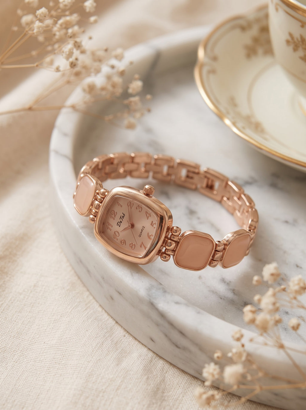 Blush Pink Enamel Bracelet Chain Vintage Watch for Women