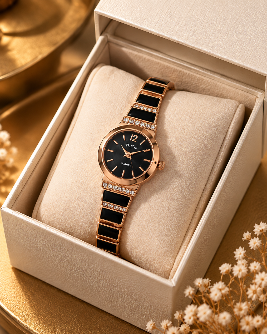 DeFei Women Rose Gold Analog Watch with White Dial, Crystal Studded Metal Strap & Quartz Movement