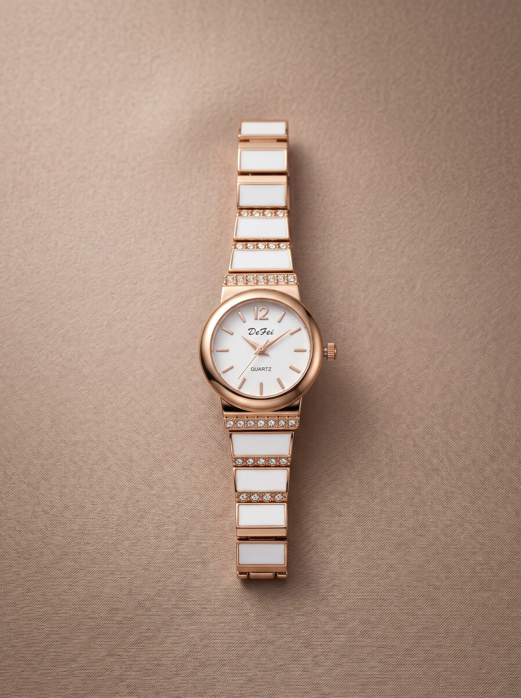 DeFei Women Rose Gold Analog Watch with White Dial, Crystal Studded Metal Strap & Quartz Movement