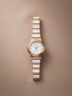 DeFei Women Rose Gold Analog Watch with White Dial, Crystal Studded Metal Strap & Quartz Movement