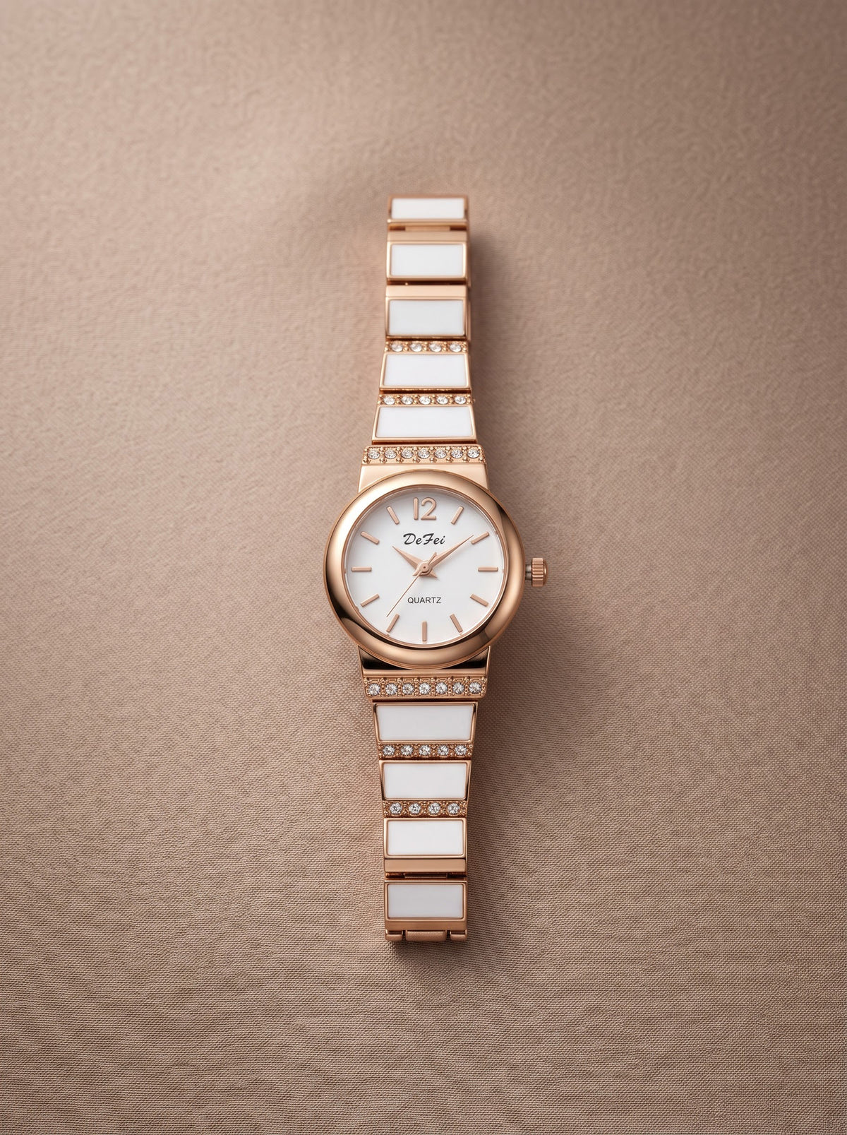 DeFei Women Rose Gold Analog Watch with White Dial, Crystal Studded Metal Strap & Quartz Movement