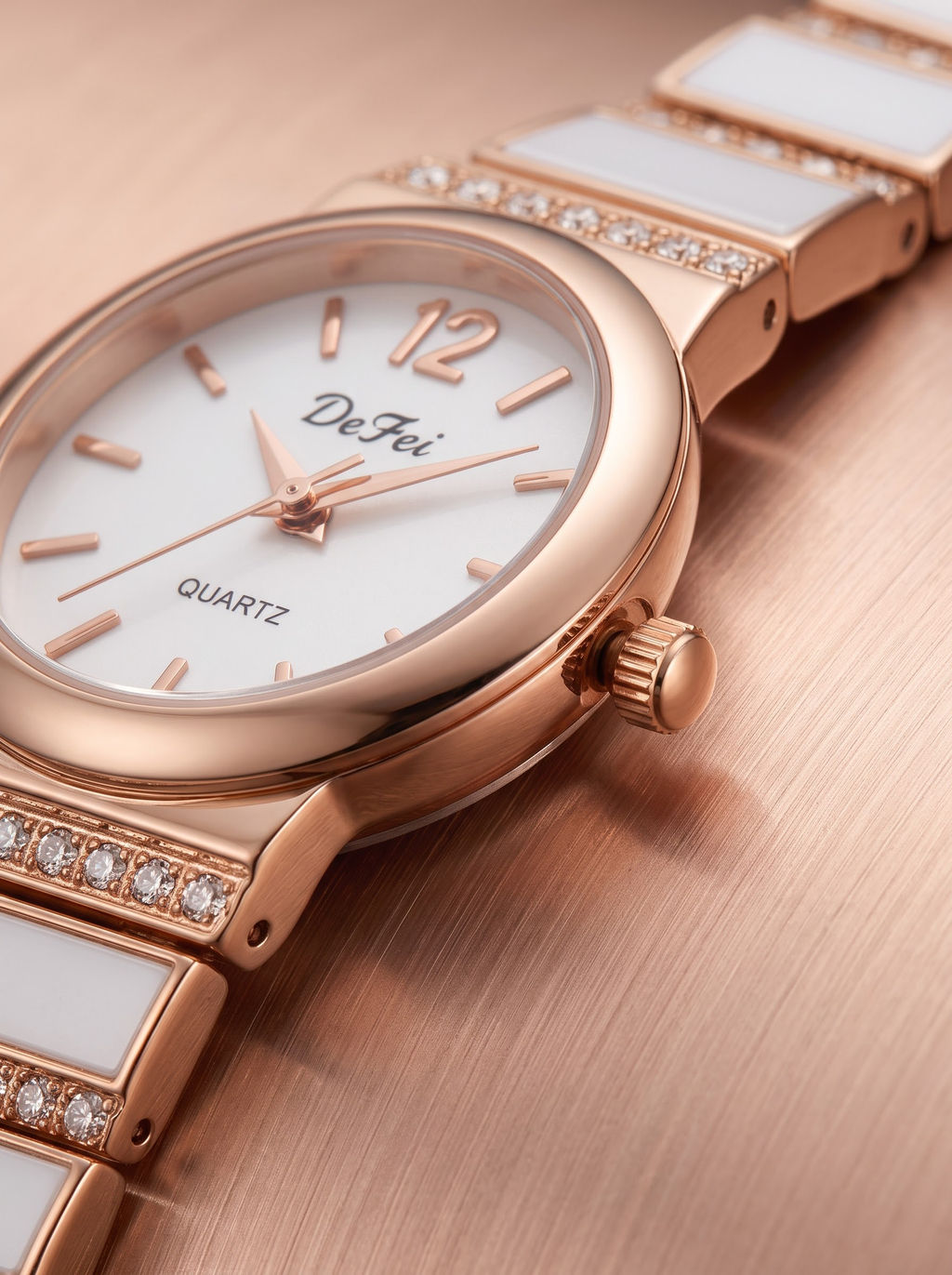 DeFei Women Rose Gold Analog Watch with White Dial, Crystal Studded Metal Strap & Quartz Movement