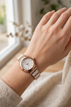 DeFei Women Rose Gold Analog Watch with White Dial, Crystal Studded Metal Strap & Quartz Movement
