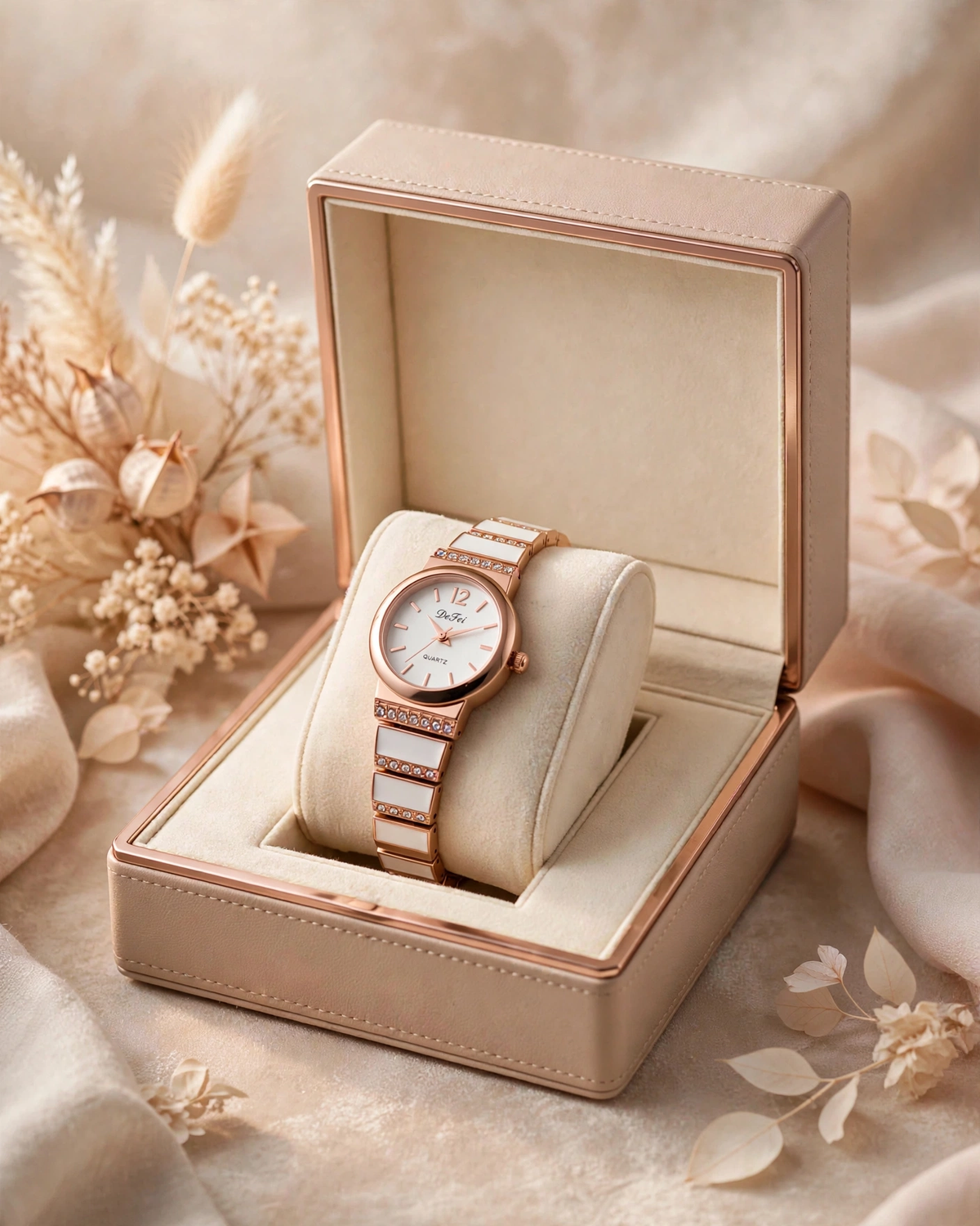 DeFei Women Rose Gold Analog Watch with White Dial, Crystal Studded Metal Strap & Quartz Movement